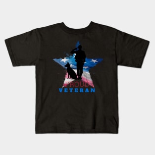 Proud Veteran with Star American Flag Soldier and Dog Kids T-Shirt